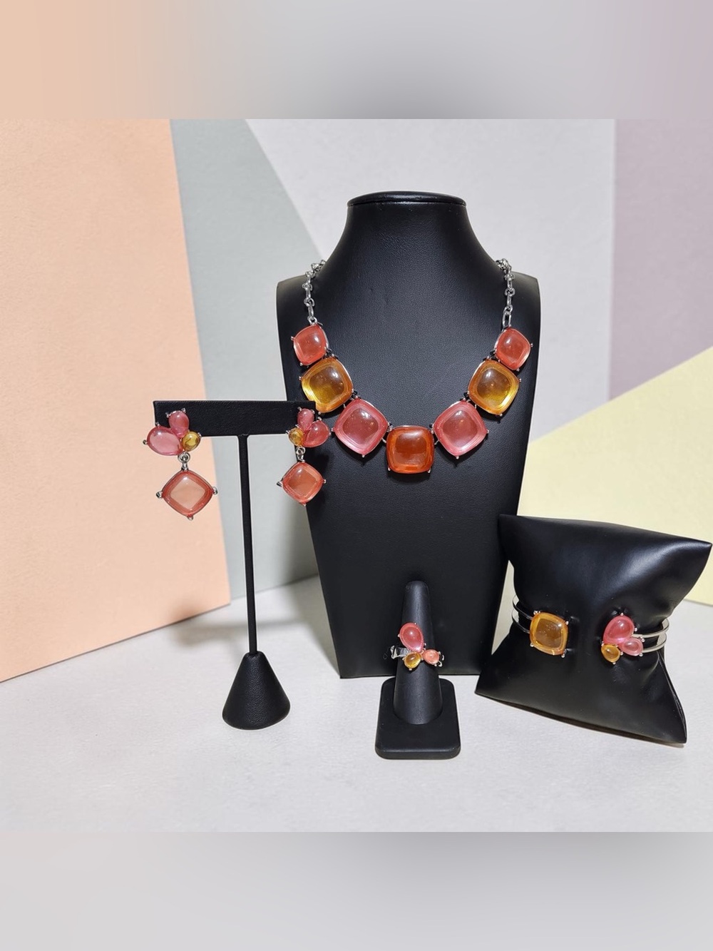 Statement Pink and Amber Gemstone Necklace & Earring Set - Women's Jewelry